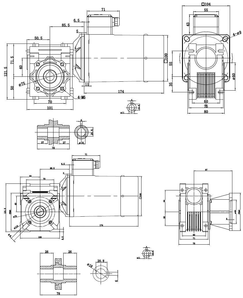 Чертеж мотор-редуктора 0.25 кВт 43 об/мин 220 В 100YS250WDV22H/RV-040-30 WANSHSIN