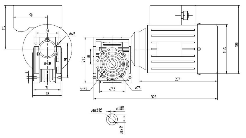 Чертеж мотор-редуктора 0.18 кВт 24 об/мин 220/380 В NMRV-040-60-24-0.18-B14 WANSHSIN
