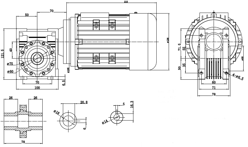 Чертеж мотор-редуктора 0.25 кВт 47 об/мин 220/380 В NMRV-040-30-47-0.25-B14 WANSHSIN