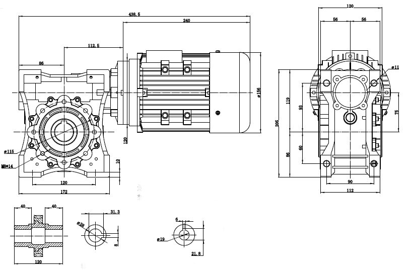 Чертеж мотор-редуктора 0.75 кВт 56 об/мин 220/380 В NMRV-075-25-56-0.75-B14 WANSHSIN