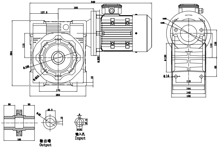 Чертеж мотор-редуктора 3 кВт 140 об/мин 220/380 В NMRV-110-10-140-3-B14 WANSHSIN