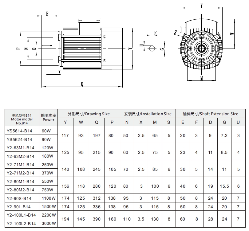 Чертеж электродвигателя 0.06 кВт 1400 об/мин 220/380 В YS-56M1-4-B14 WANSHSIN