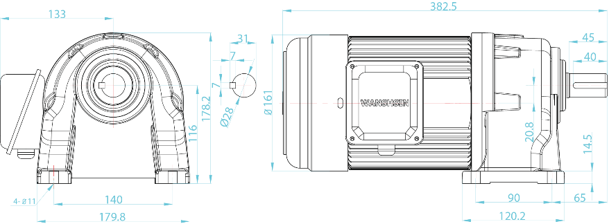 Чертеж мотор-редуктора трехфазного GH28-400W-100S 0.4 кВт 14 об/мин 220/380 В
