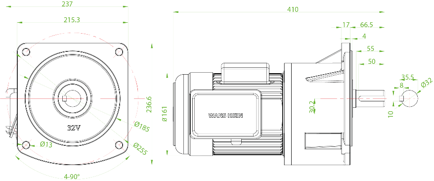 Чертеж мотор-редуктора однофазного GV32-400W-180A 0.4 кВт 7.7 об/мин 220 В