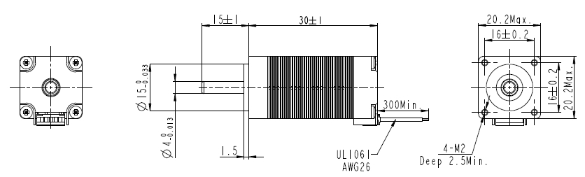 FL20STH30-0604A-15 шаговый двигатель, NEMA 8, фланец 20 мм, 0.18 кг*см, чертеж