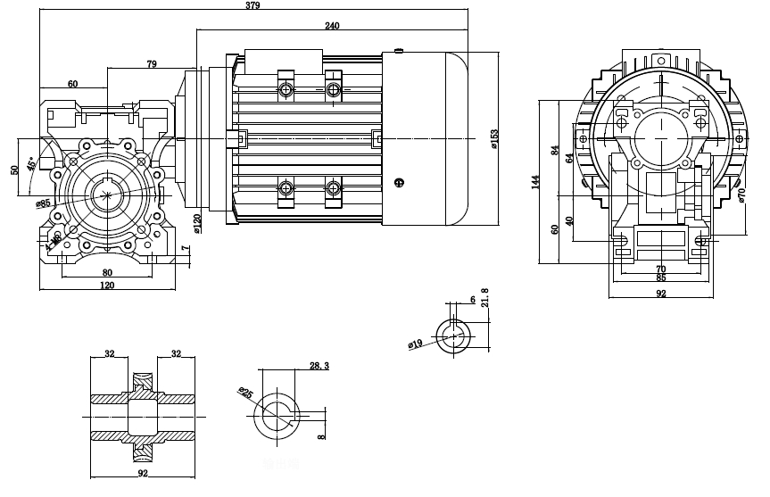 Чертеж мотор-редуктора 0.55 кВт 56 об/мин 220/380 В NMRV-050-25-56-0.55-B14 WANSHSIN