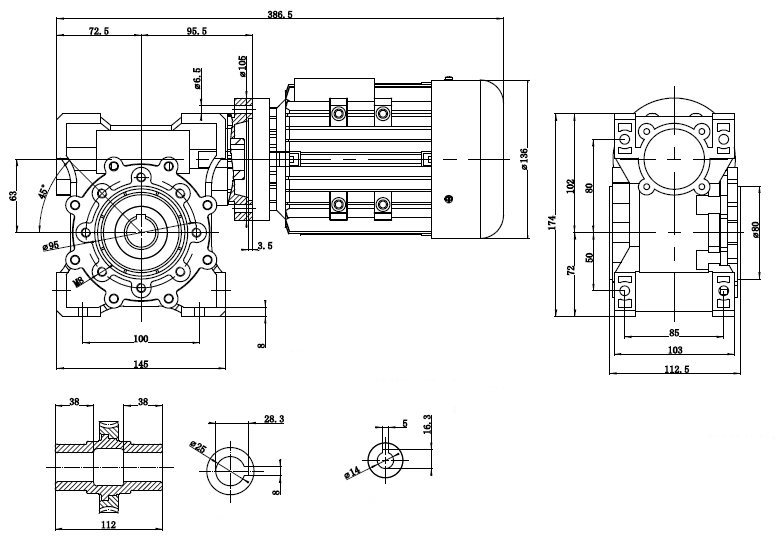 Чертеж мотор-редуктора 0.25 кВт 28 об/мин 220/380 В NMRV-063-50-28-0.25-B14 WANSHSIN