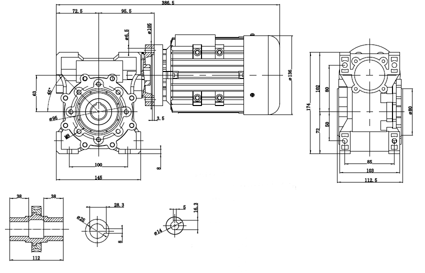 Чертеж мотор-редуктора 0.37 кВт 28 об/мин 220/380 В NMRV-063-50-28-0.37-B14 WANSHSIN