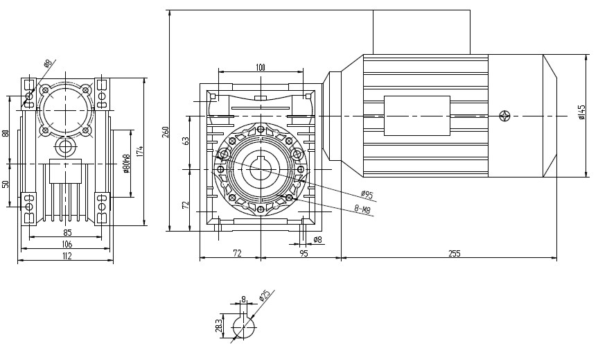 Чертеж мотор-редуктора 0.55 кВт 94 об/мин 220/380 В NMRV-063-15-94-0.55-B14 WANSHSIN