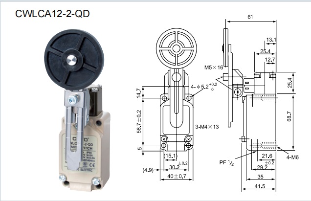 Концевой выключатель CWLCA12-2-QD рычаг с большим резиновым роликом поворотный, регулируемый по длине , чертеж