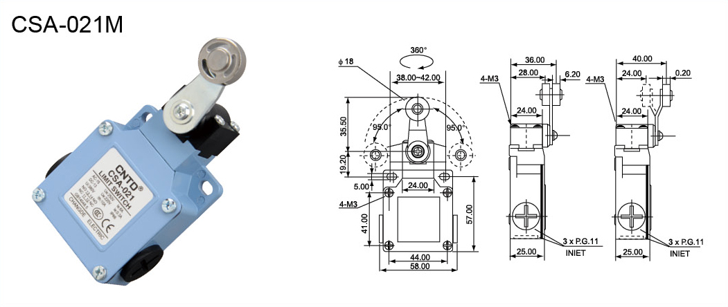 Концевой выключатель CSA-021M рычаг с алюминиевым роликом поворотный, нерегулируемый по длине, чертеж