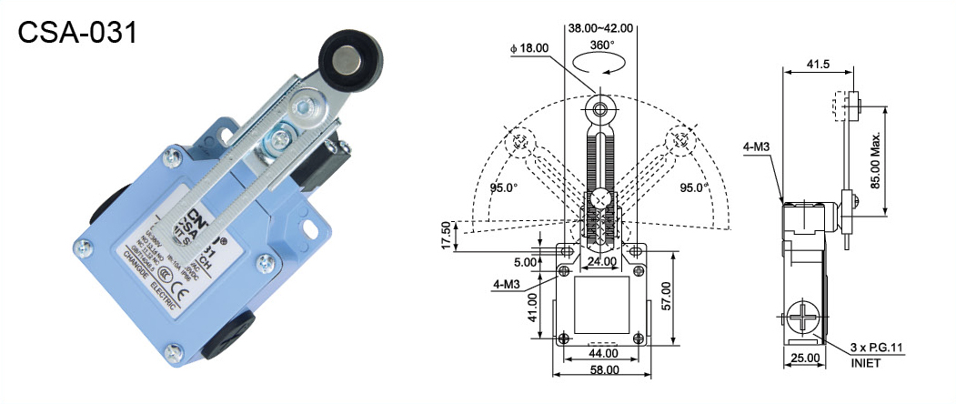 Концевой выключатель CSA-031 рычаг с пластиковым роликом поворотный, регулируемый по длине, чертеж