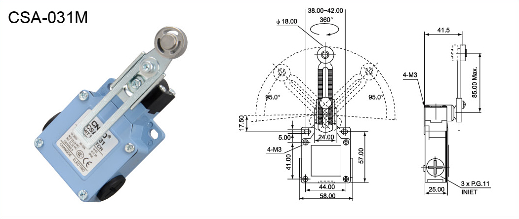 Концевой выключатель CSA-031M рычаг с алюминиевым роликом поворотный, регулируемый по длине, чертеж