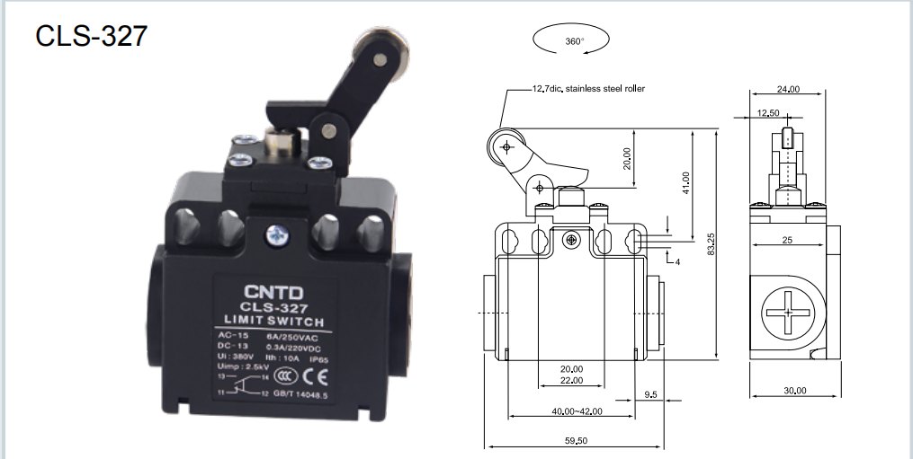 Концевой выключатель CLS-327 рычаг с роликом нажимной (правый), чертеж