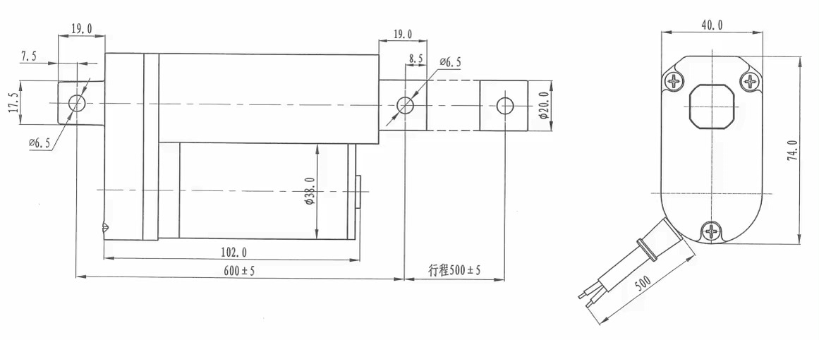 Чертеж линейного актуатора ZGB758-12V-42-50 с ходом 50 мм, линейная скорость 42 миллиметров в секунду, питание 12 VDC мощность 11 Вт