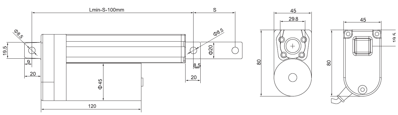 Чертеж линейного актуатора ZGB800-12V-96-250 с ходом 250 мм, линейная скорость 96 миллиметров в секунду, питание 12 VDC мощность 23 Вт