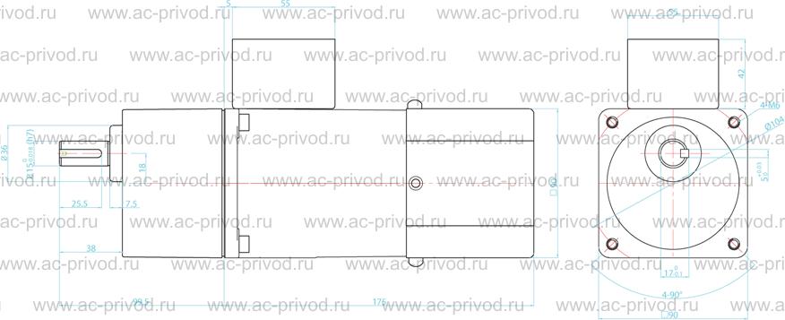 Чертеж мотор-редуктора трёхфазного 120 Вт 220/380 В 87 об/мин 90YB120WGY38|22H/90GF15H15