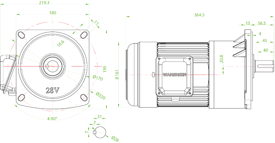 Чертеж мотор-редуктора трехфазного GV28-400W-160S 0.4 кВт 8.75 об/мин 220/380 В